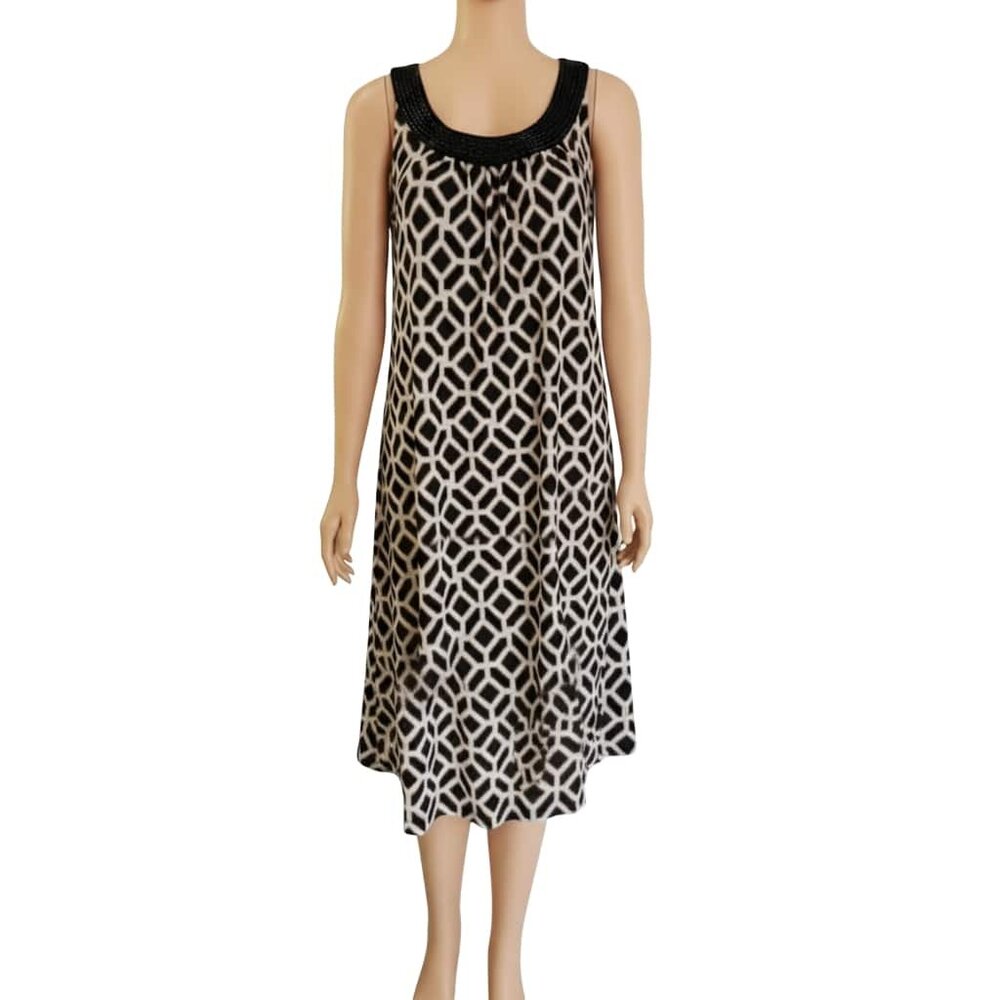 212 Collection Sleeveless Dress Geometric Beaded Neckline Black Brown Medium